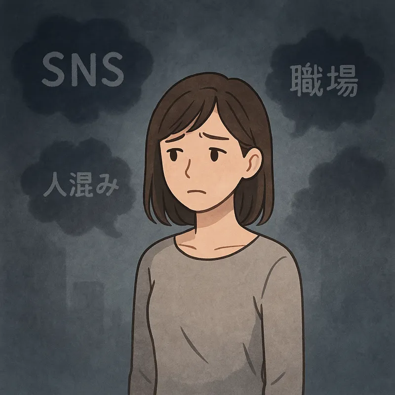 波動が低い人が集まる場所にいて暗い表情の女性